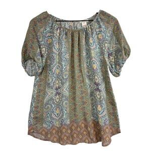 Sundance 100% Silk Paisley Puff Sleeve Blue Blouse Flowy Top - Size XS